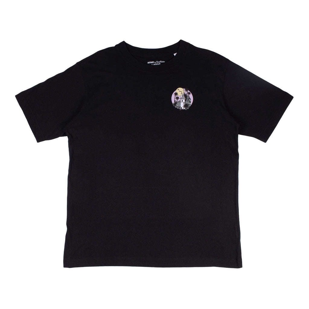 2. Black Moomin unisex t-shirt with small front logo, displayed on a white background