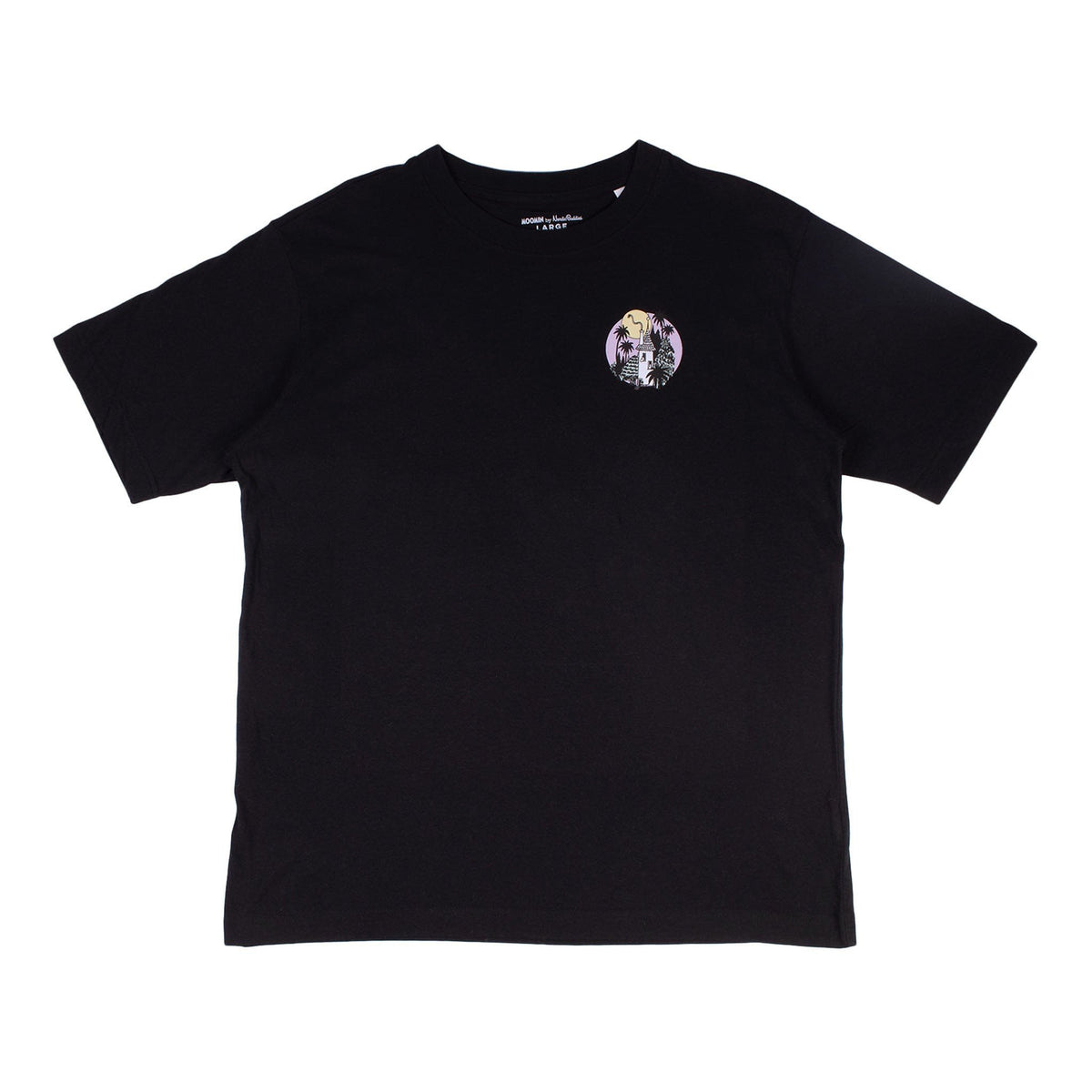 2. Black Moomin unisex t-shirt with small front logo, displayed on a white background