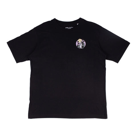 2. Black Moomin unisex t-shirt with small front logo, displayed on a white background