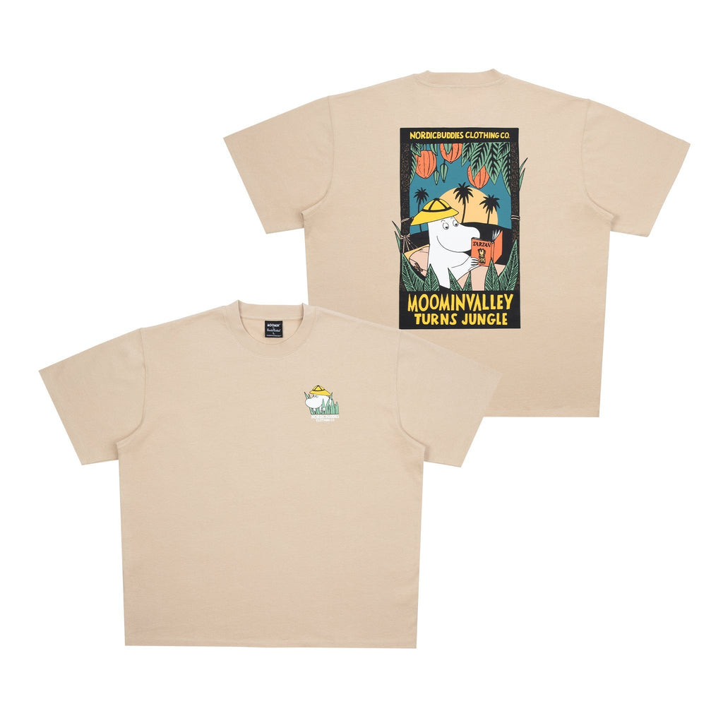 7. Flat lay of beige Moomintroll Jungle T-shirt showing both front and back designs