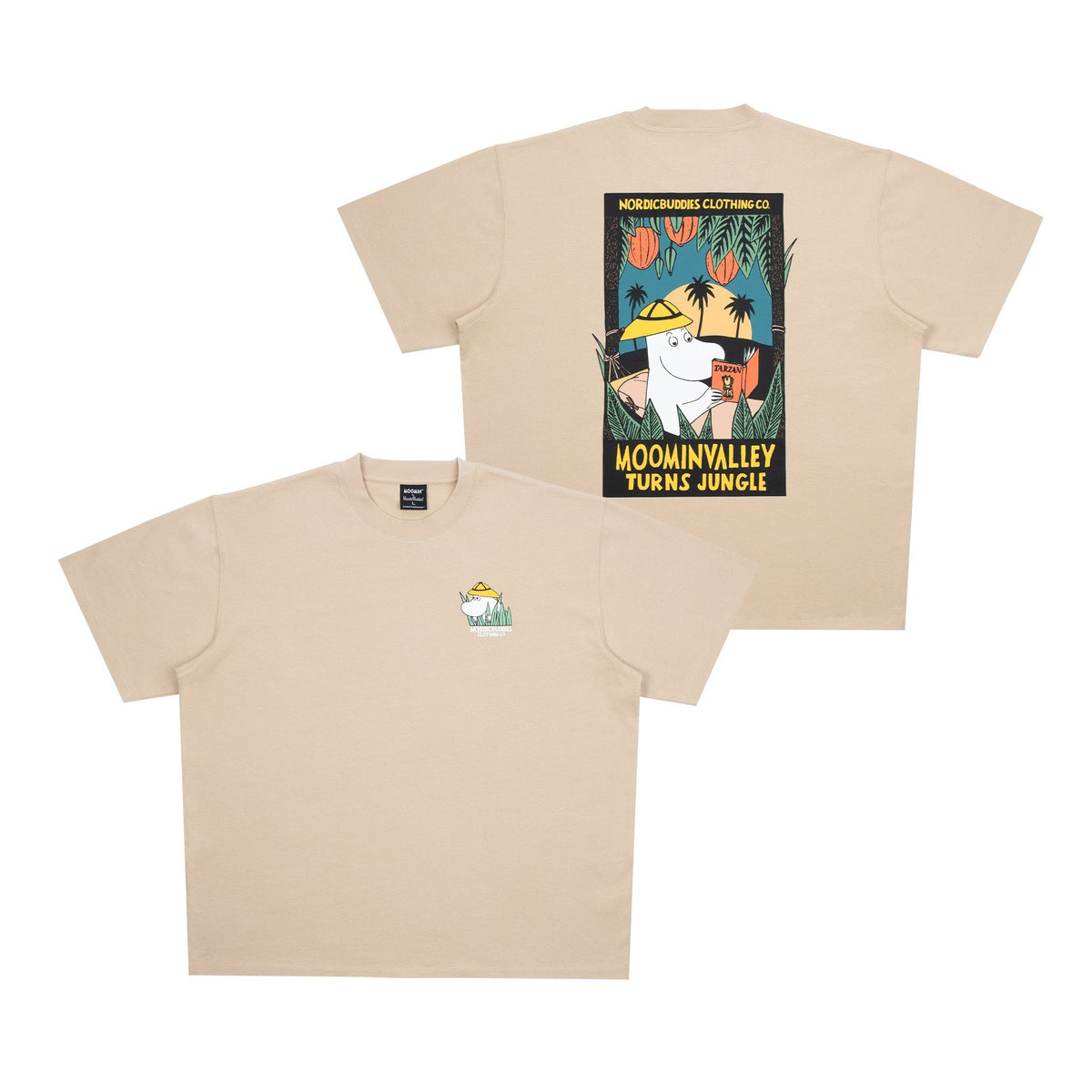 7. Flat lay of beige Moomintroll Jungle T-shirt showing both front and back designs