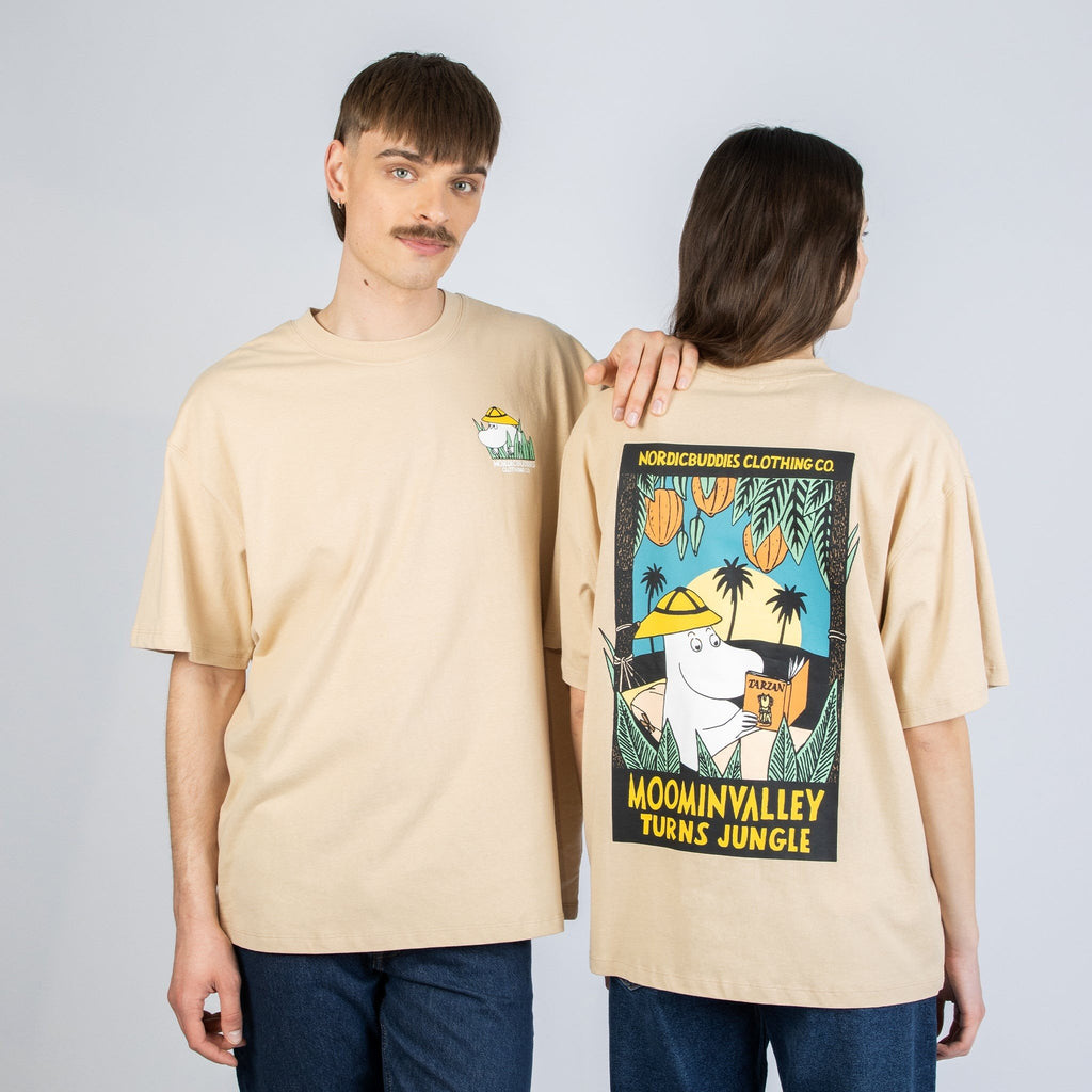 1. Unisex beige Moomintroll Jungle T-shirt worn by male and female models, showcasing front and back design in studio