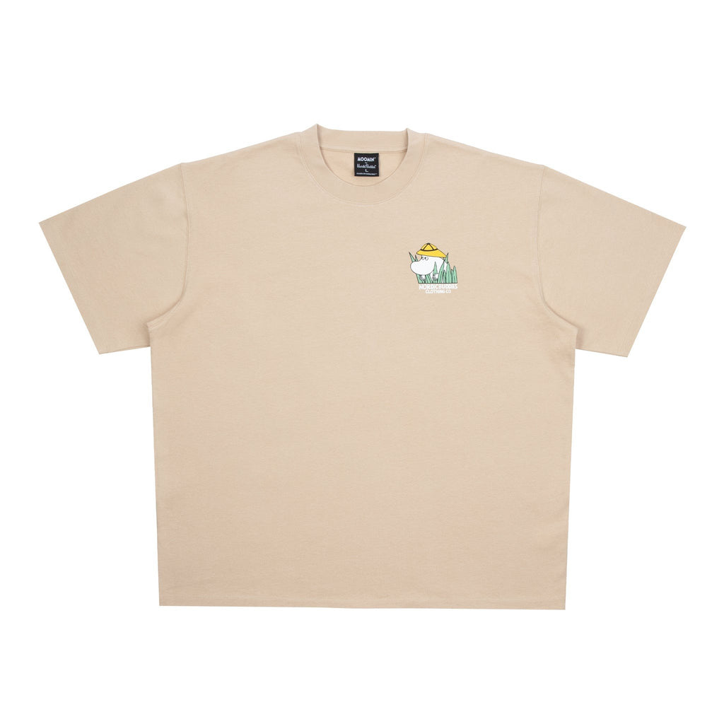 4. Flat lay of beige Moomintroll Jungle T-shirt showing front logo design