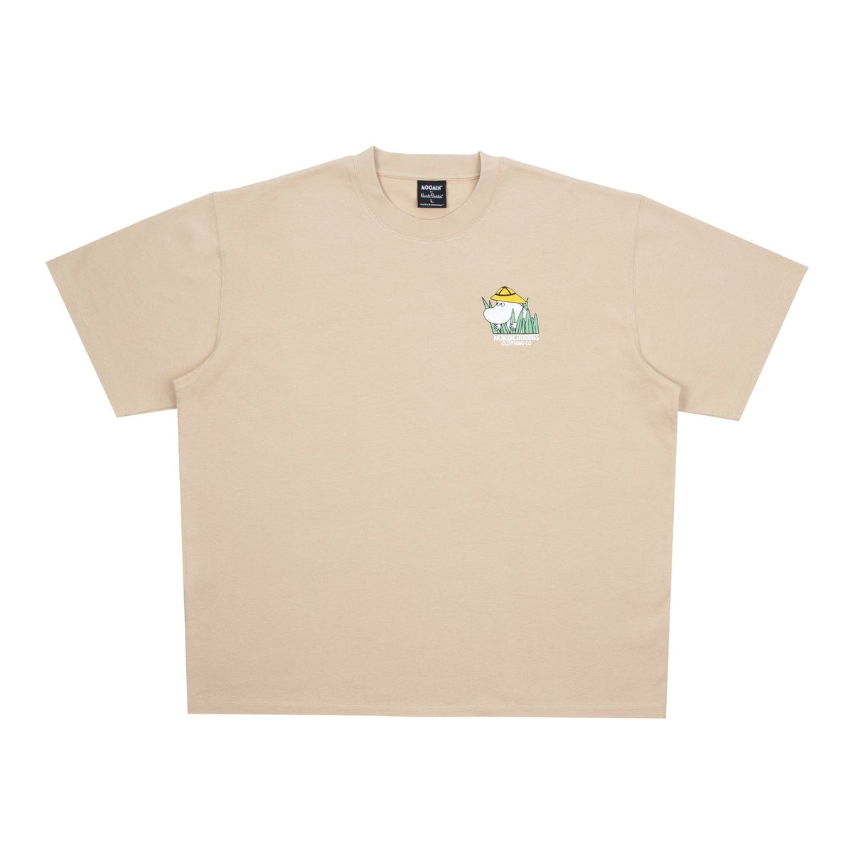 4. Flat lay of beige Moomintroll Jungle T-shirt showing front logo design