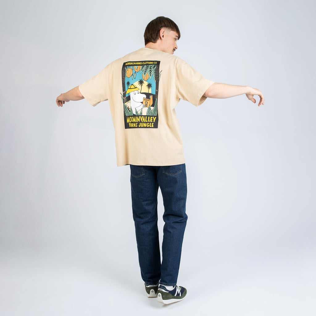 3. Male model wearing beige Moomintroll Jungle T-shirt, back view highlighting bold Moomin design