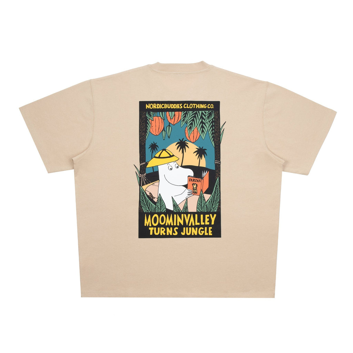 5. Flat lay of beige Moomintroll Jungle T-shirt highlighting back Moomin design