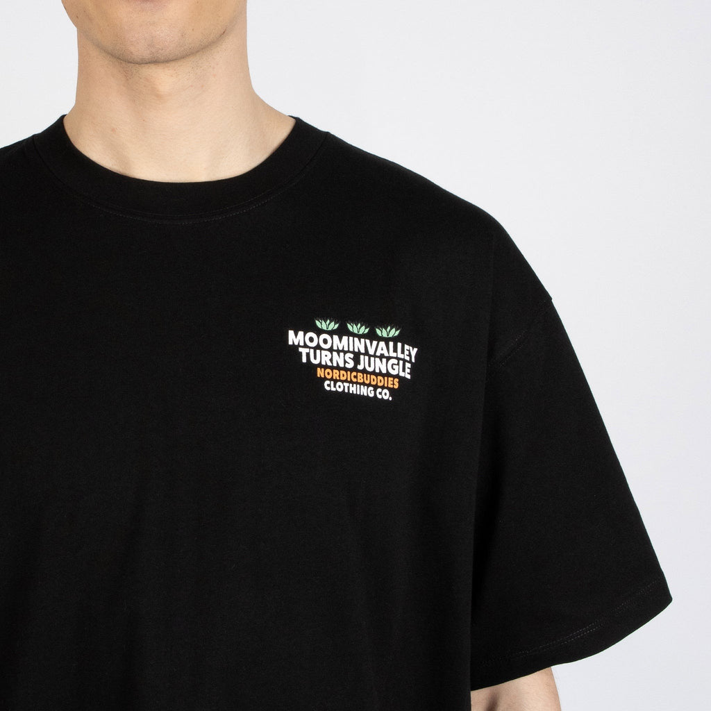 6. Studio image of black Moomintroll Jungle t-shirt with front logo detail
