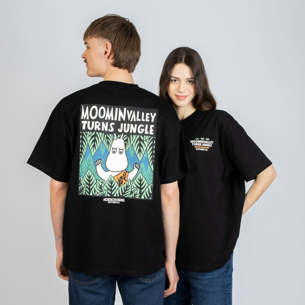 1. Unisex black Moomintroll Jungle t-shirt worn by male and female models, showcasing front and back design in studio