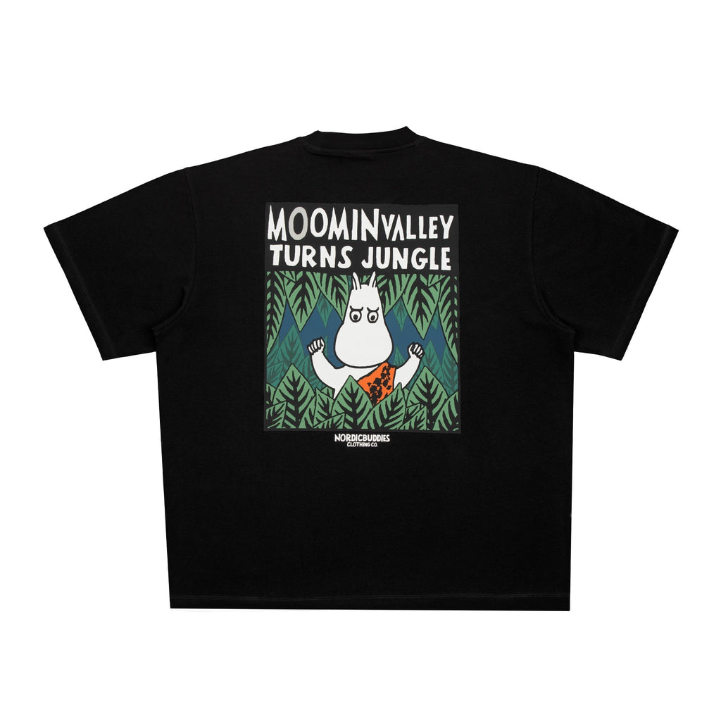 3. Men's black Moomintroll Jungle t-shirt with bold back design, shown from behind in studio