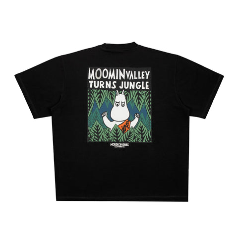 3. Men's black Moomintroll Jungle t-shirt with bold back design, shown from behind in studio