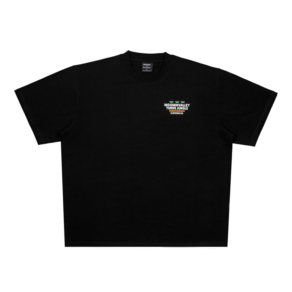5. Studio shot of black Moomintroll Jungle t-shirt highlighting back design with Moomin character