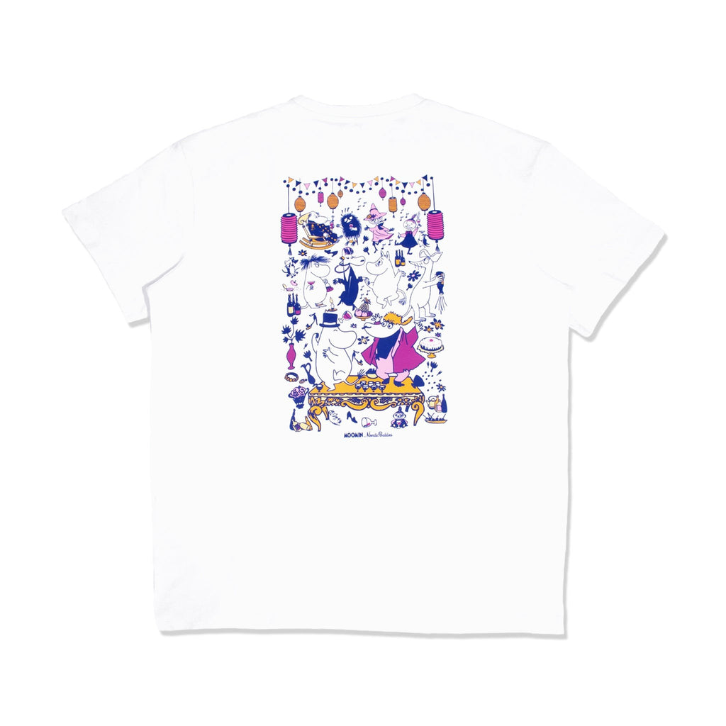4. Flat lay of white unisex Moomin Party T-shirt with colorful back print, studio background