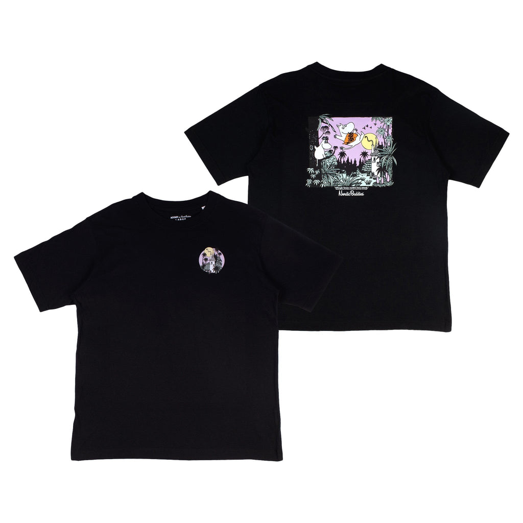 4. Flat lay of black Moomin unisex t-shirt showing front logo and back jungle design on white background