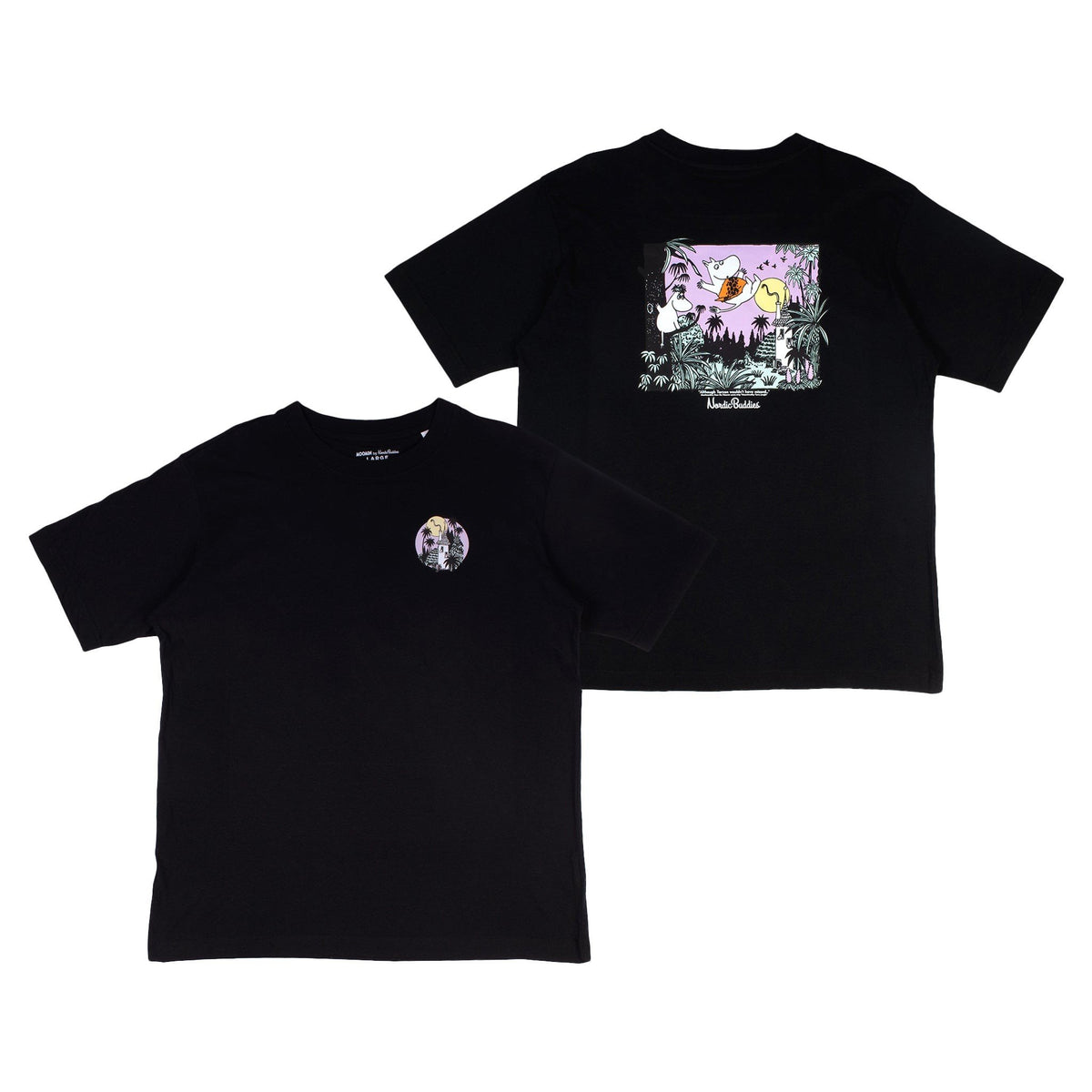4. Flat lay of black Moomin unisex t-shirt showing front logo and back jungle design on white background