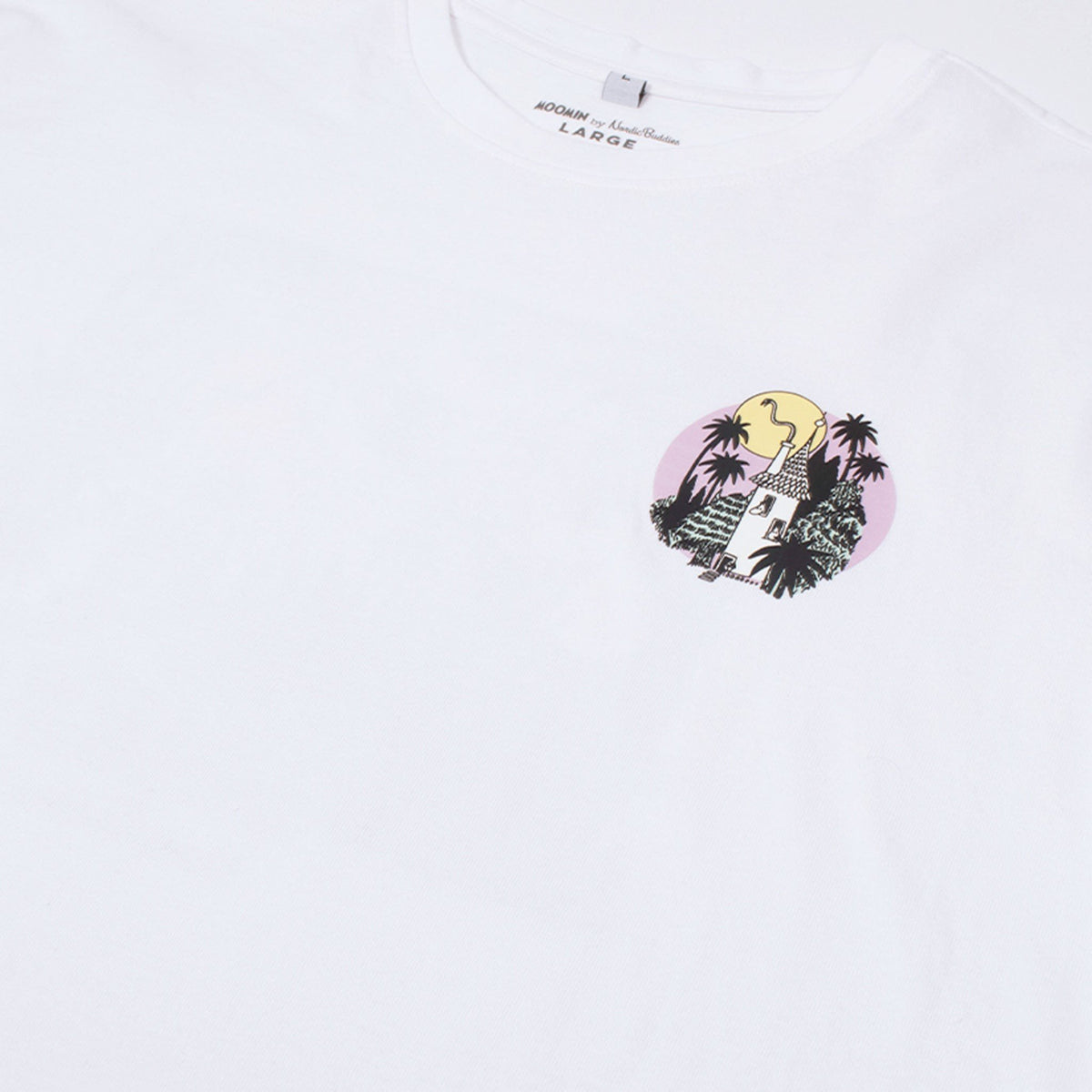 8. Close-up of small front graphic on white Moomintroll Jungle unisex t-shirt