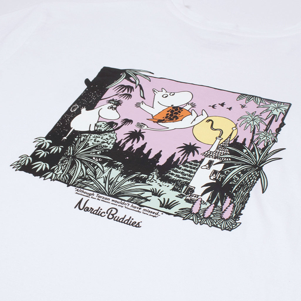 4. Close-up of colorful Moomintroll Jungle graphic on white t-shirt with NordicBuddies logo