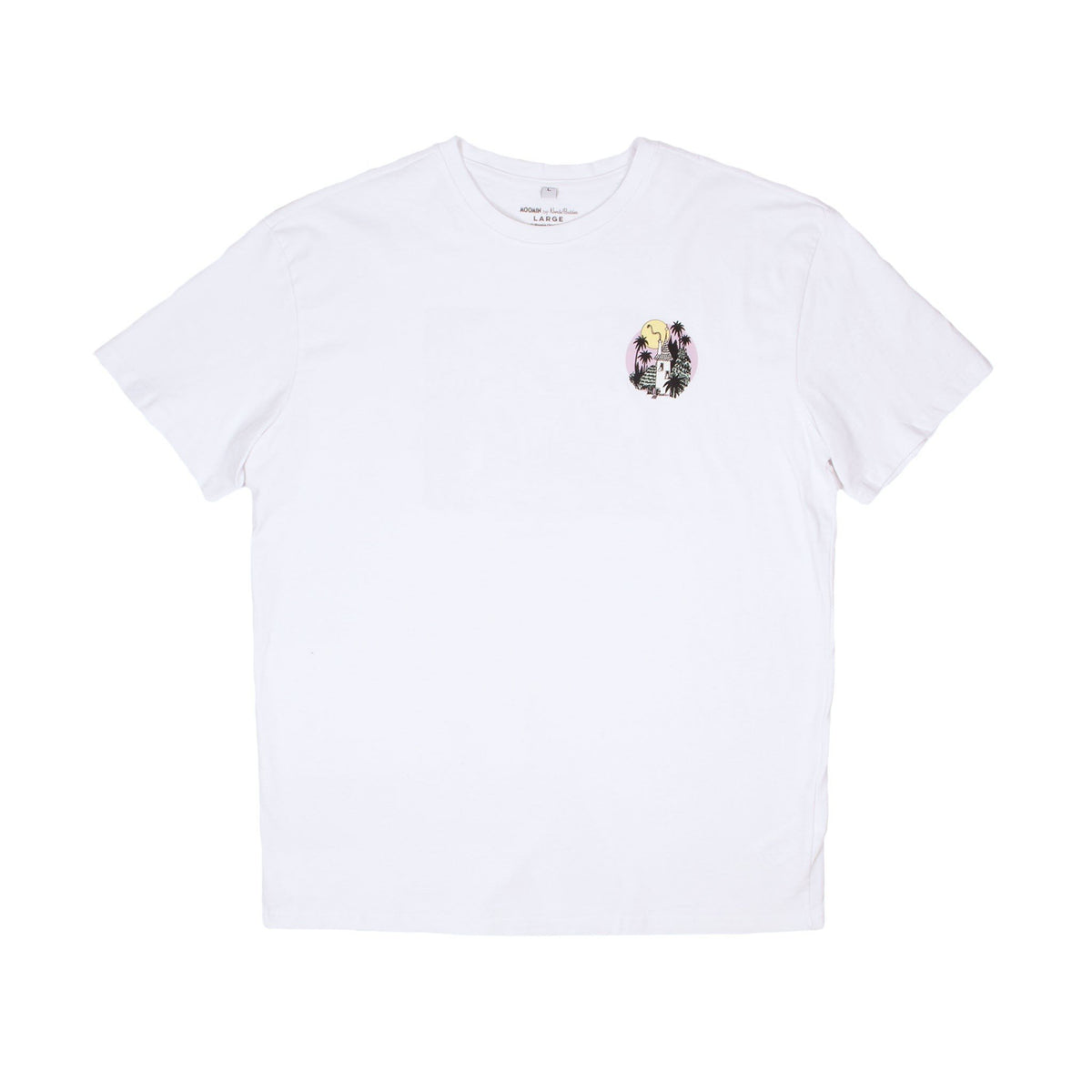 10. Front view of white Moomintroll Jungle unisex t-shirt with small graphic on chest