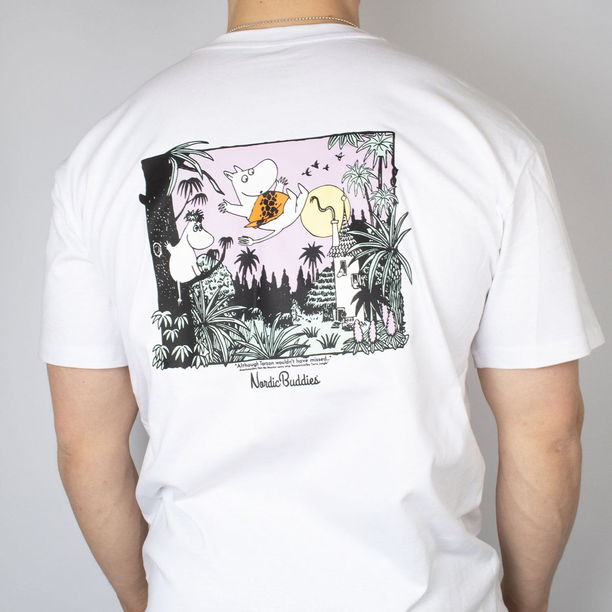 3. Back view of white Moomintroll Jungle unisex t-shirt with colorful graphic and NordicBuddies logo
