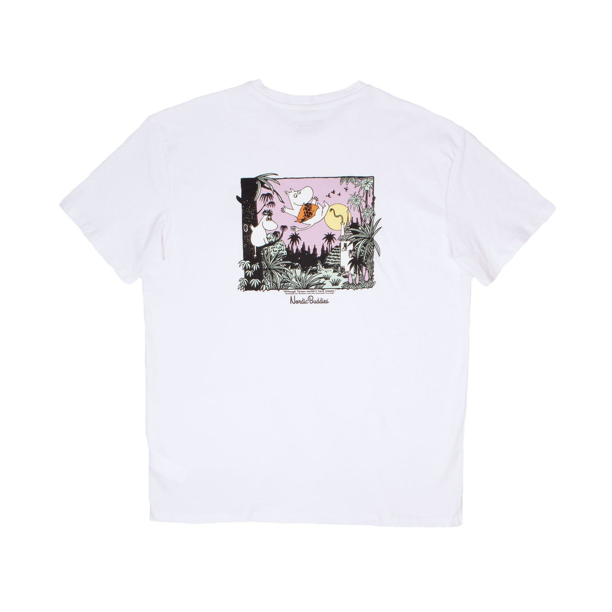 9. Back view of white Moomintroll Jungle unisex t-shirt with colorful graphic
