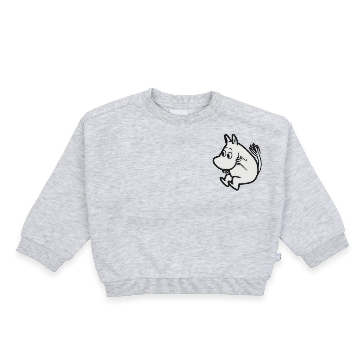 2. Grey Moomintroll kids college shirt with cartoon character on chest, shown on white background