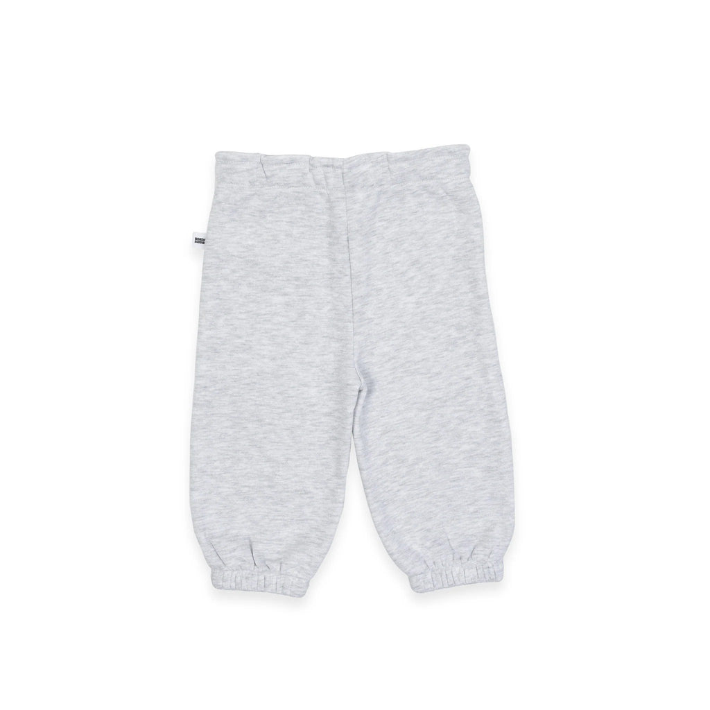 3. Back view of grey Moomintroll kids college pants with elastic cuffs, shown on white background