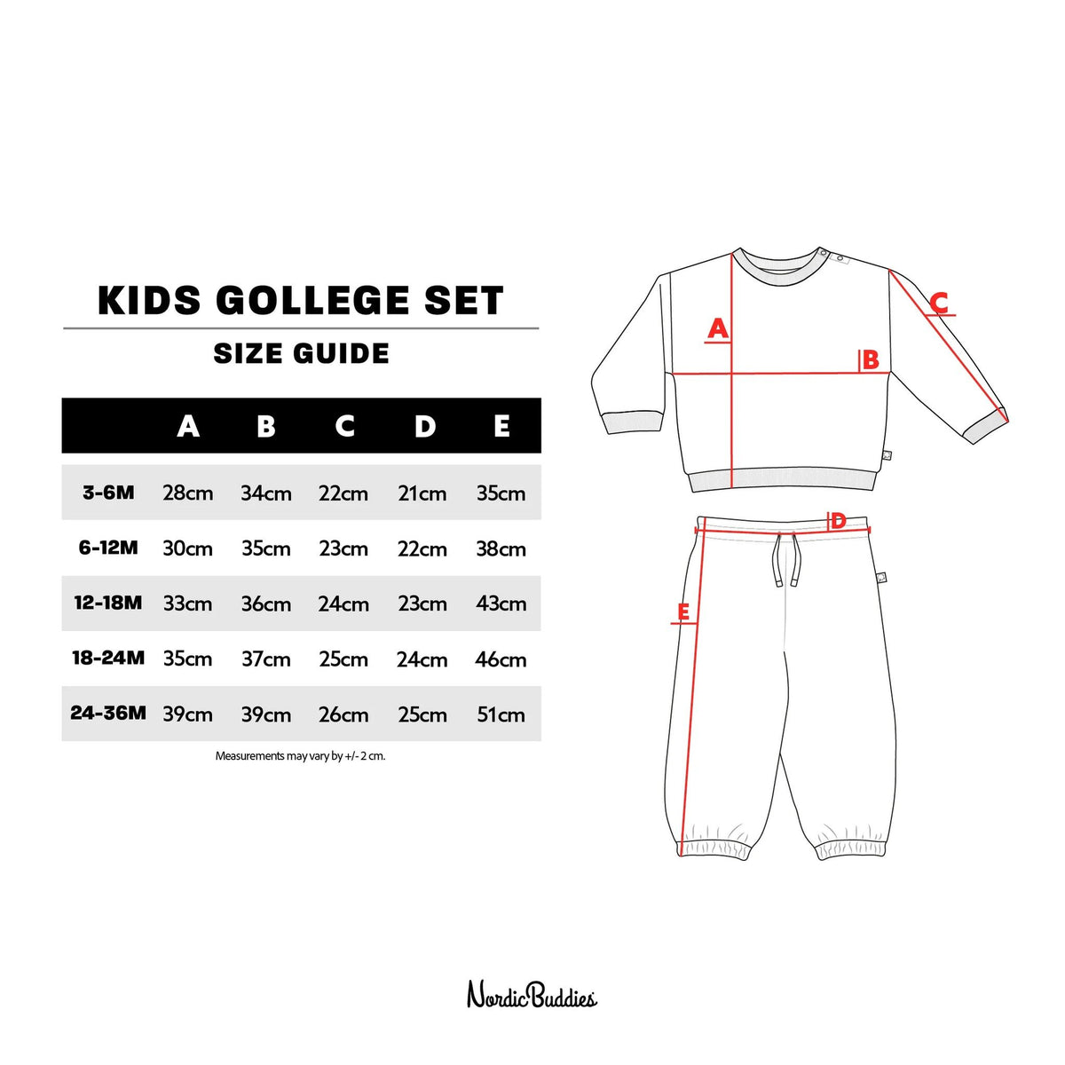 5. Size chart for Moomintroll kids college set showing measurements in centimeters