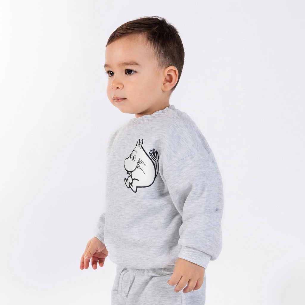1. Toddler wearing grey Moomintroll kids college set with cartoon character, standing on white background