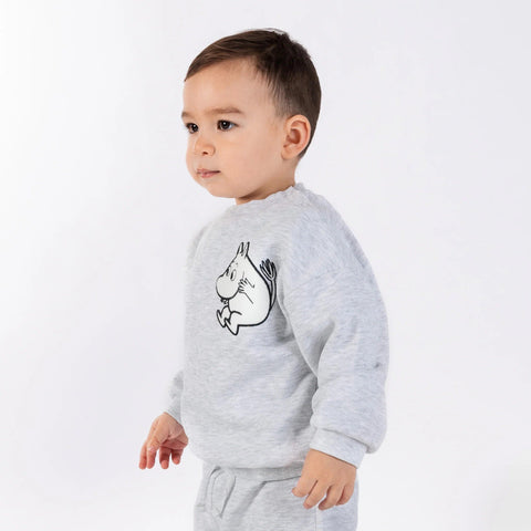 1. Toddler wearing grey Moomintroll kids college set with cartoon character, standing on white background