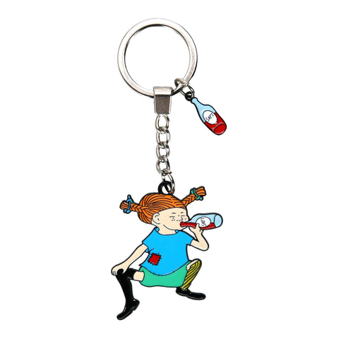 1. Pippi Longstocking metal key ring by Moomin NordicBuddies, featuring double-sided design with Pippi drinking saft, compact size 4-6 cm, perfect for keys or bags