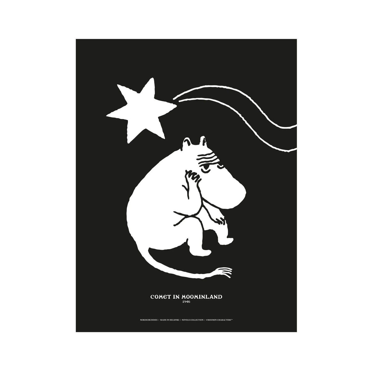 2. Moomintroll Novels Poster by NordicBuddies, Comet in Moominland design on black background, 50x70 cm
