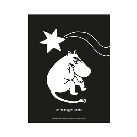 2. Moomintroll Novels Poster by NordicBuddies, Comet in Moominland design on black background, 50x70 cm