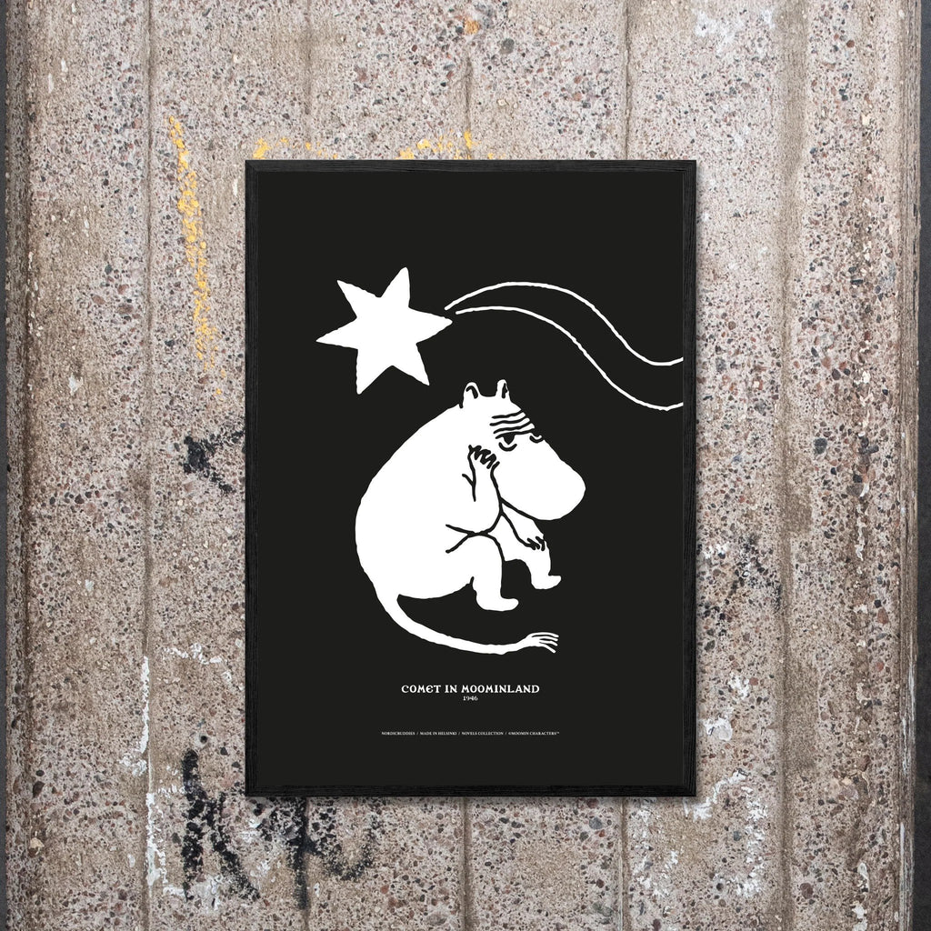 1. Moomintroll Novels Poster by NordicBuddies displayed on a textured wall, featuring Comet in Moominland design, 50x70 cm