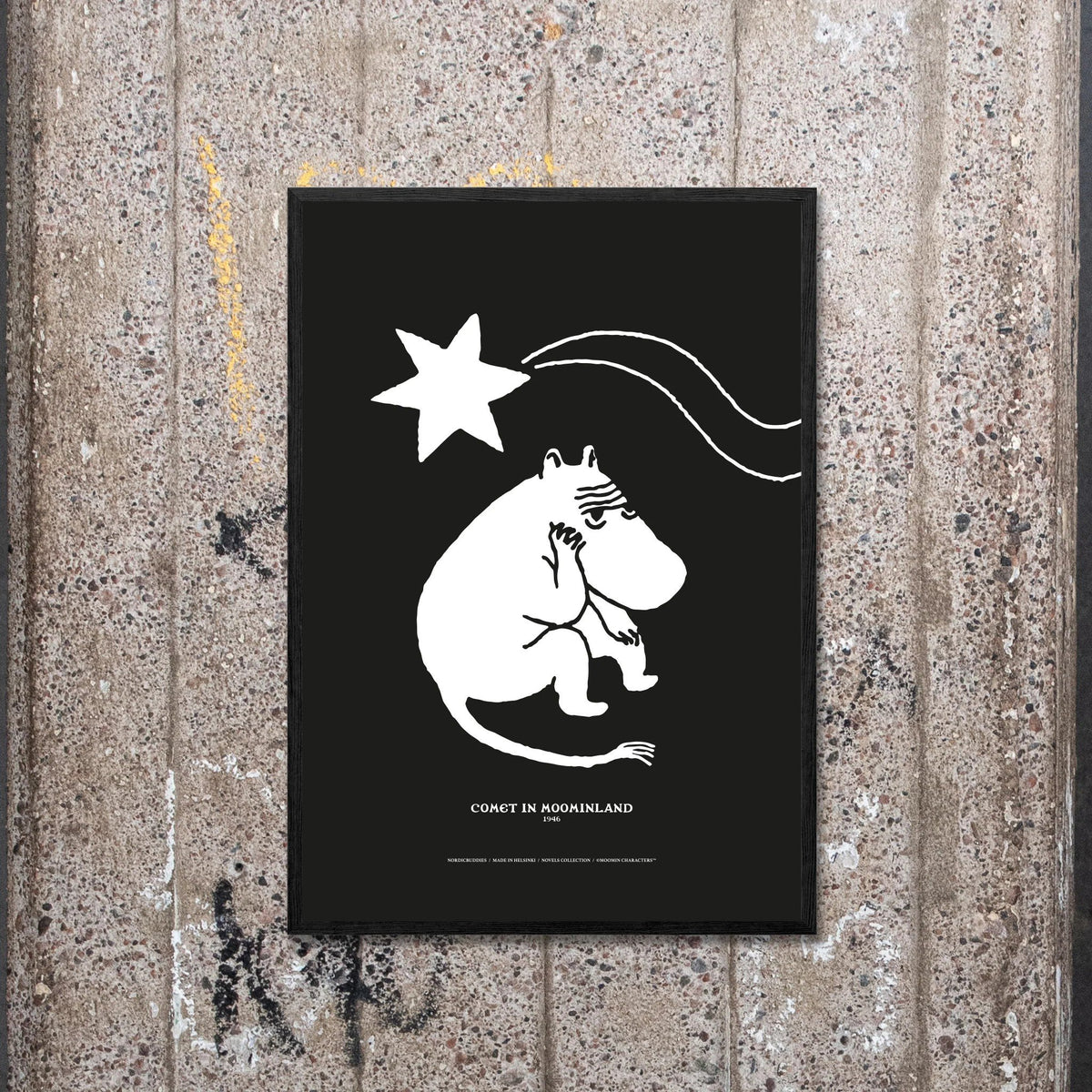 1. Moomintroll Novels Poster by NordicBuddies displayed on a textured wall, featuring Comet in Moominland design, 50x70 cm