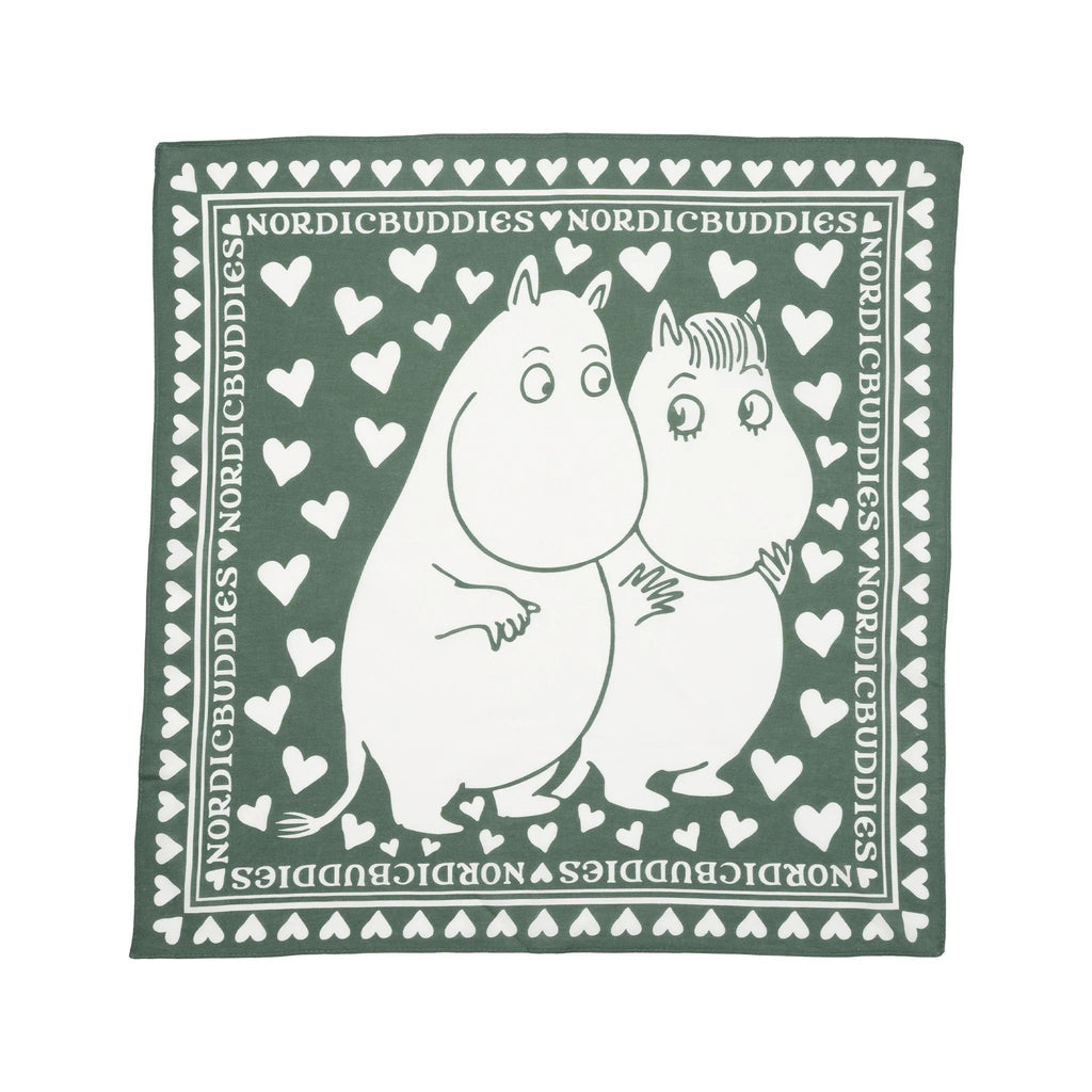 1. Green cotton scarf featuring Moomintroll and Snorkmaiden with heart pattern and NordicBuddies branding