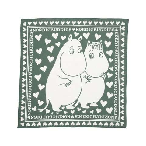 1. Green cotton scarf featuring Moomintroll and Snorkmaiden with heart pattern and NordicBuddies branding