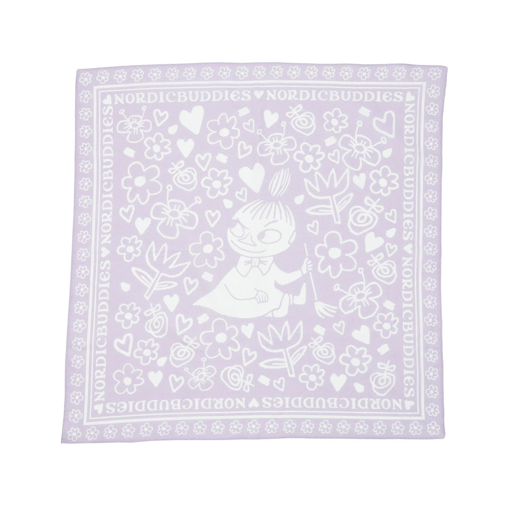 1. Lilac cotton scarf featuring Little My design with floral and heart patterns, bordered by NordicBuddies text