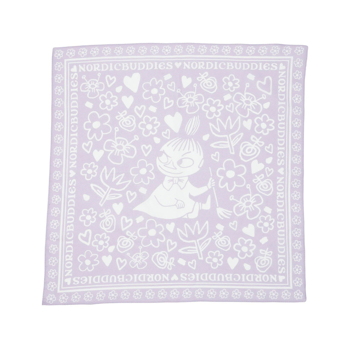 1. Lilac cotton scarf featuring Little My design with floral and heart patterns, bordered by NordicBuddies text
