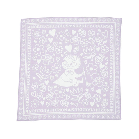 1. Lilac cotton scarf featuring Little My design with floral and heart patterns, bordered by NordicBuddies text