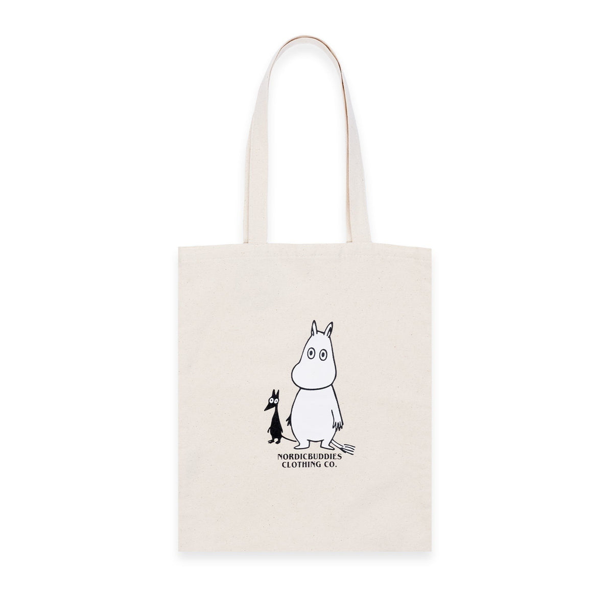1. Front view of white Moomintroll tote bag by NordicBuddies featuring Moomin character print on heavy cotton