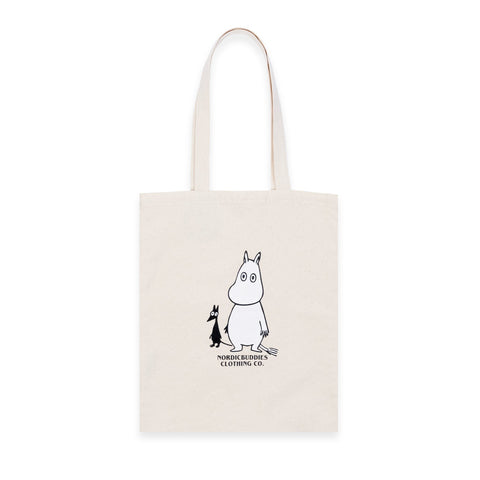 1. Front view of white Moomintroll tote bag by NordicBuddies featuring Moomin character print on heavy cotton