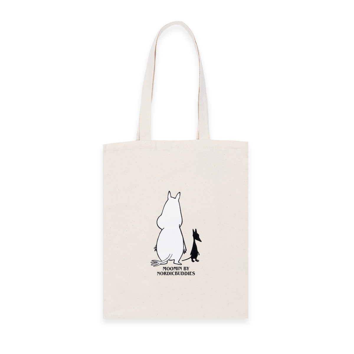 2. Back view of white Moomintroll tote bag by NordicBuddies with Moomin character print on heavy cotton