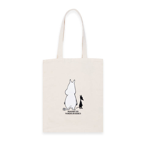 2. Back view of white Moomintroll tote bag by NordicBuddies with Moomin character print on heavy cotton