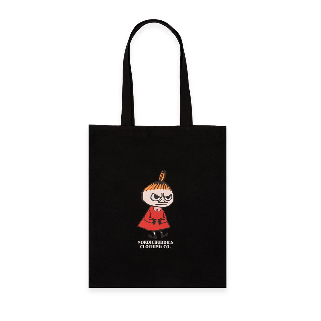 1. Black Little My tote bag by Moomin featuring front view of character in red dress with NordicBuddies logo on clean white background