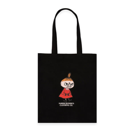 1. Black Little My tote bag by Moomin featuring front view of character in red dress with NordicBuddies logo on clean white background