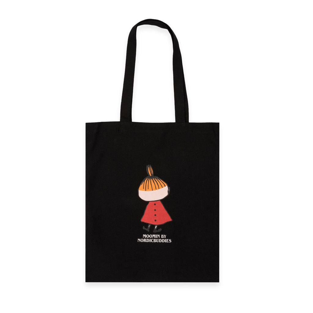 2. Black Little My tote bag by Moomin showing back view of character in red dress with Moomin by NordicBuddies logo on clean white background