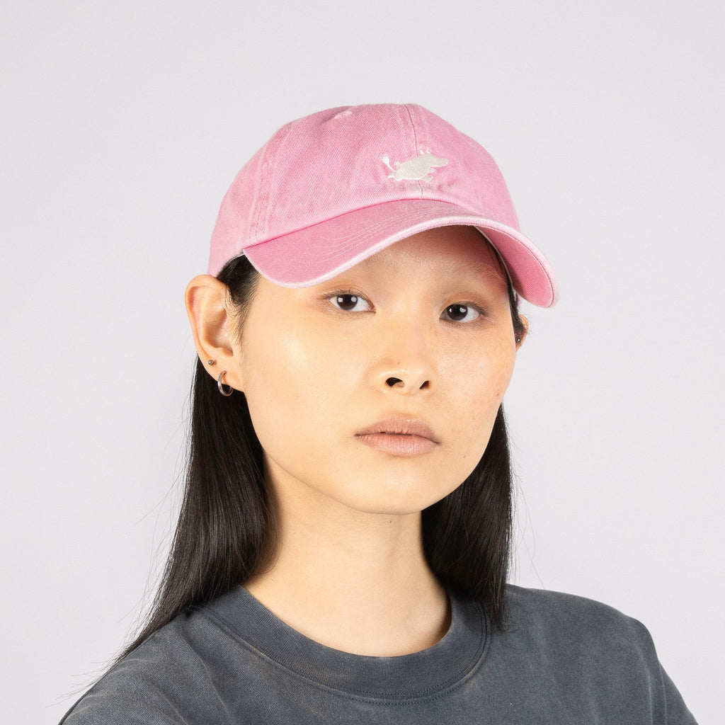 2. Woman wearing Moomin Classics pink denim dad cap by NordicBuddies, front view