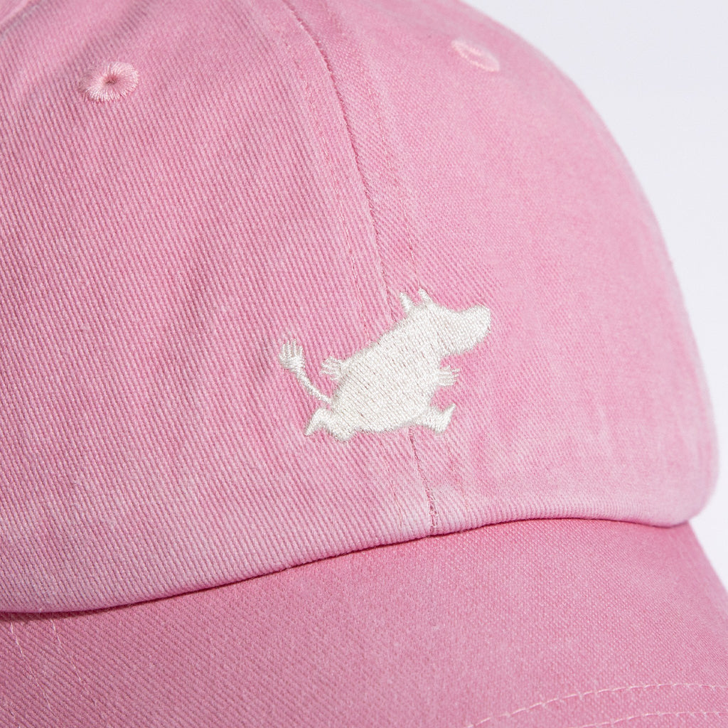 4. Close-up of Moomin embroidery on pink denim dad cap by NordicBuddies