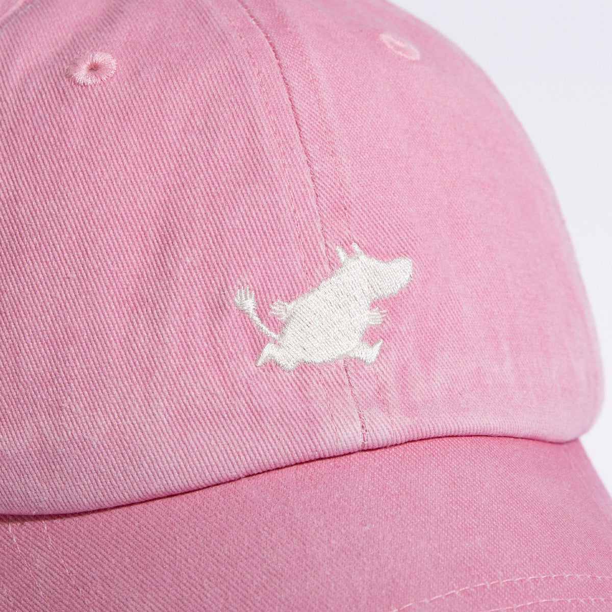 4. Close-up of Moomin embroidery on pink denim dad cap by NordicBuddies