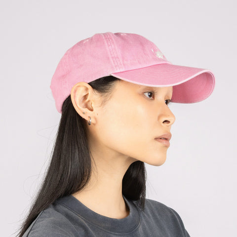 1. Woman wearing Moomin Classics pink denim dad cap by NordicBuddies, side view