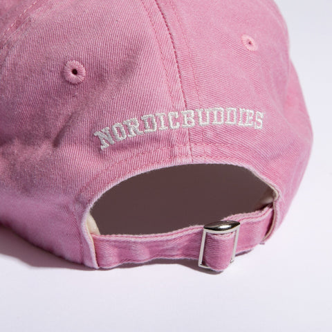5. Back view of Moomin Classics pink denim dad cap showing NordicBuddies logo and adjustable strap